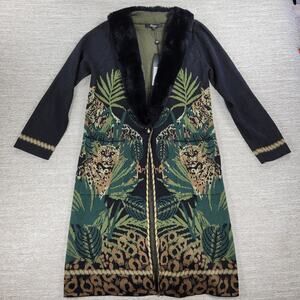 Badgley Mischka Leopard Jungle Wool Knit Sweater Small Coat Faux Fur Collar NWT